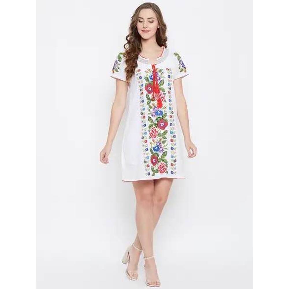 Durga Women’s Medium 100% Cotton Embroidered Floral Shift Dress NWT
